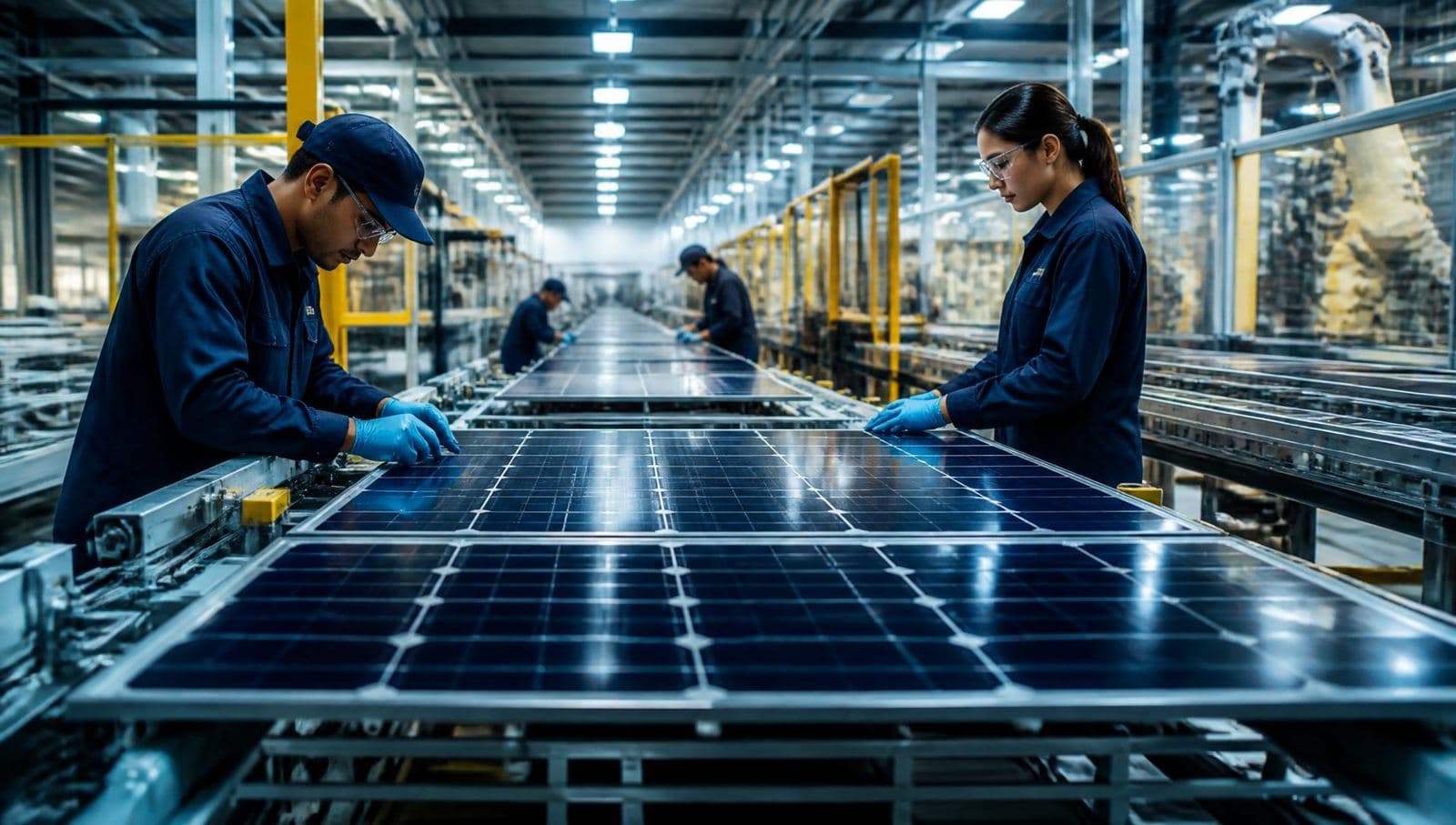 Solar photovoltaic module assembly line with technicians inspecting panels