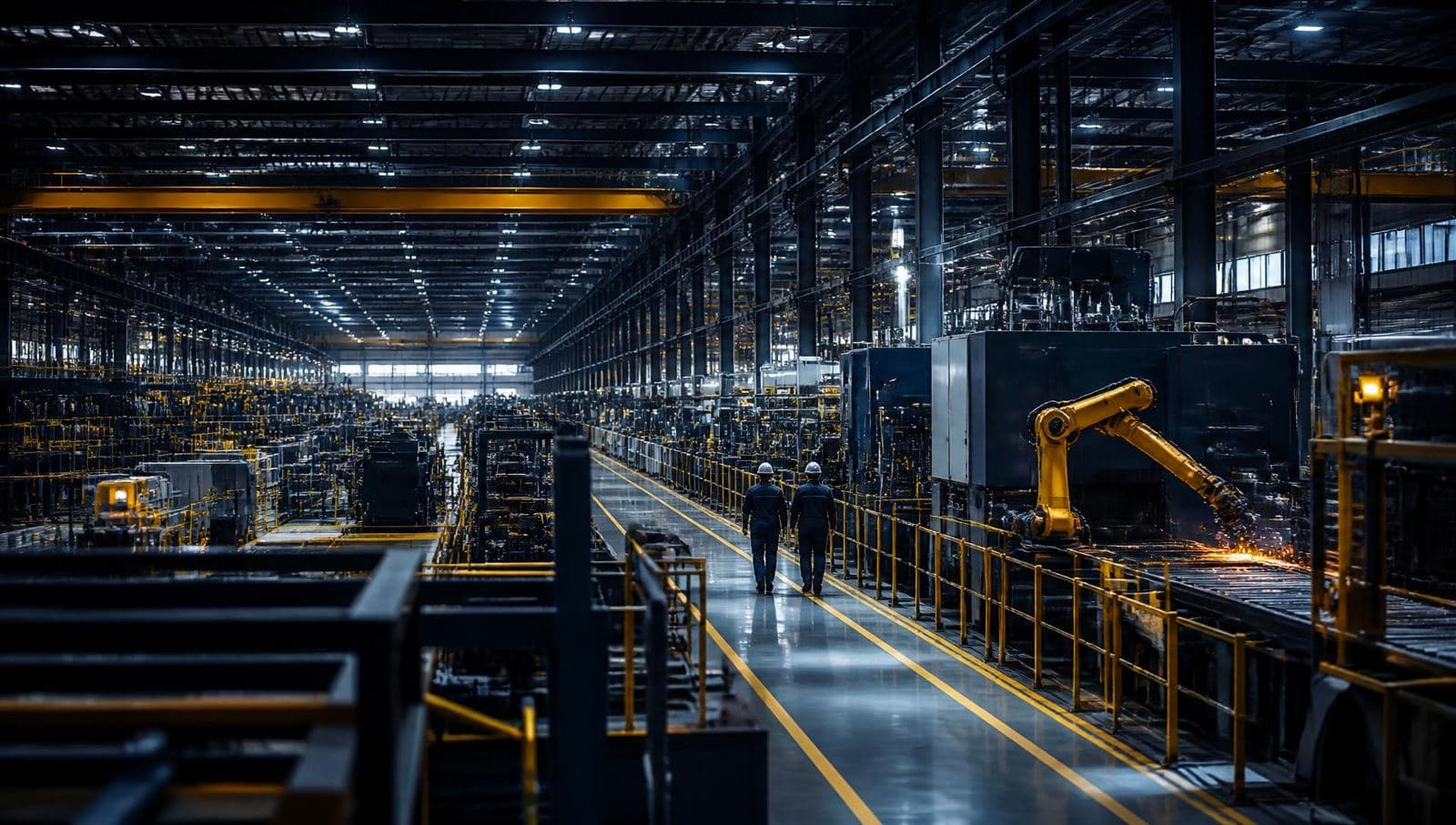 Interior of a modern manufacturing plant with automated production lines