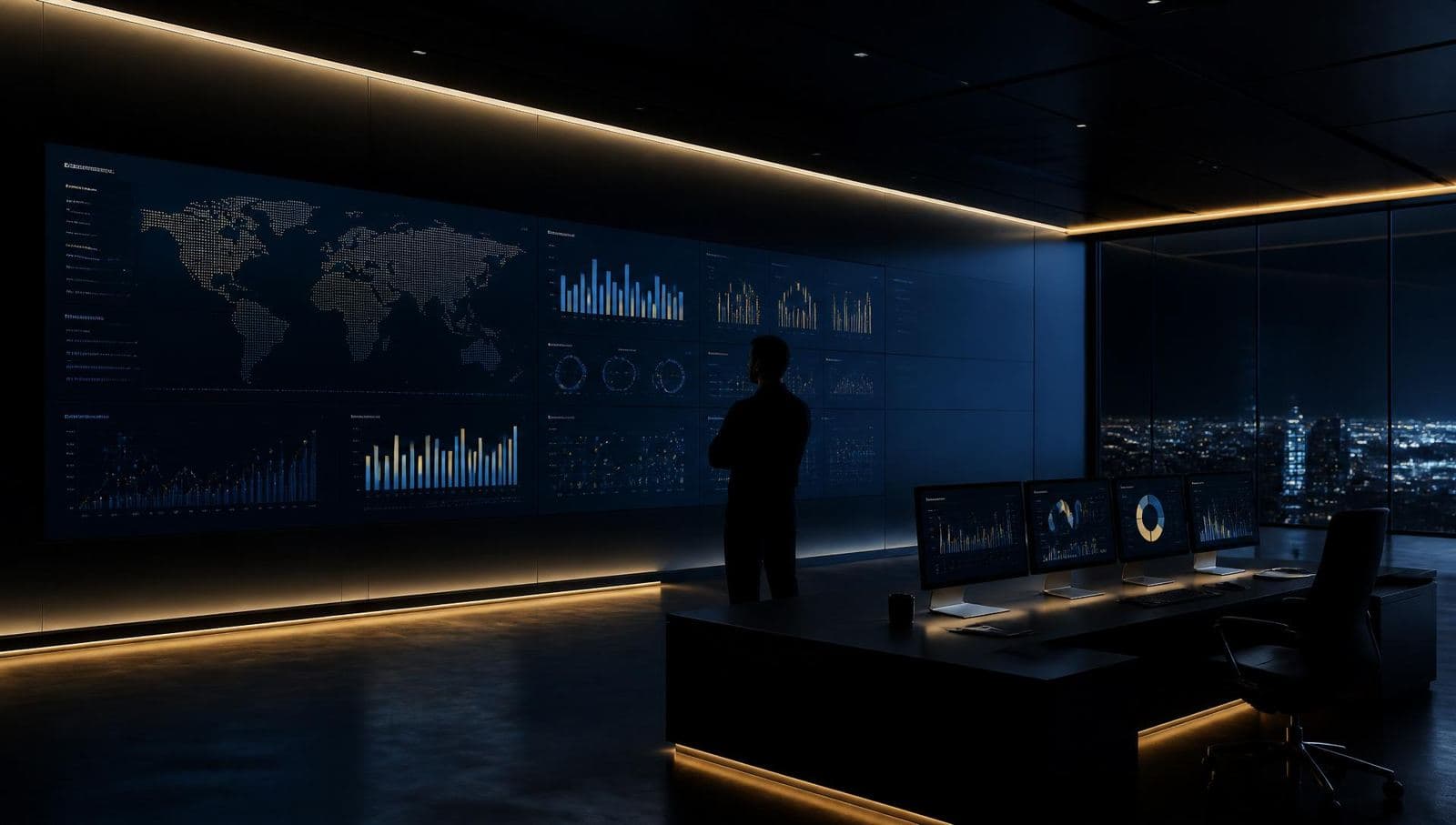 Enterprise operations control room with performance dashboards